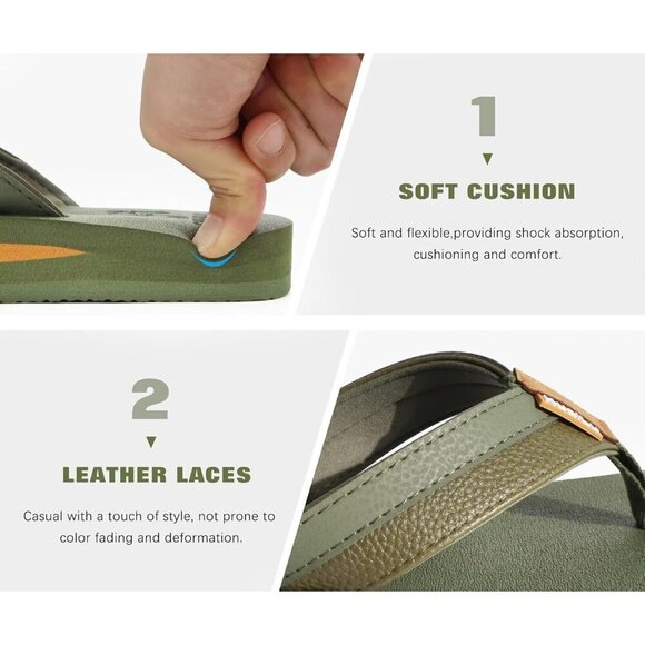 〽️Men\'s Flip Flop Sandal Green Leather Slip On Arch Support Comfort Shoes